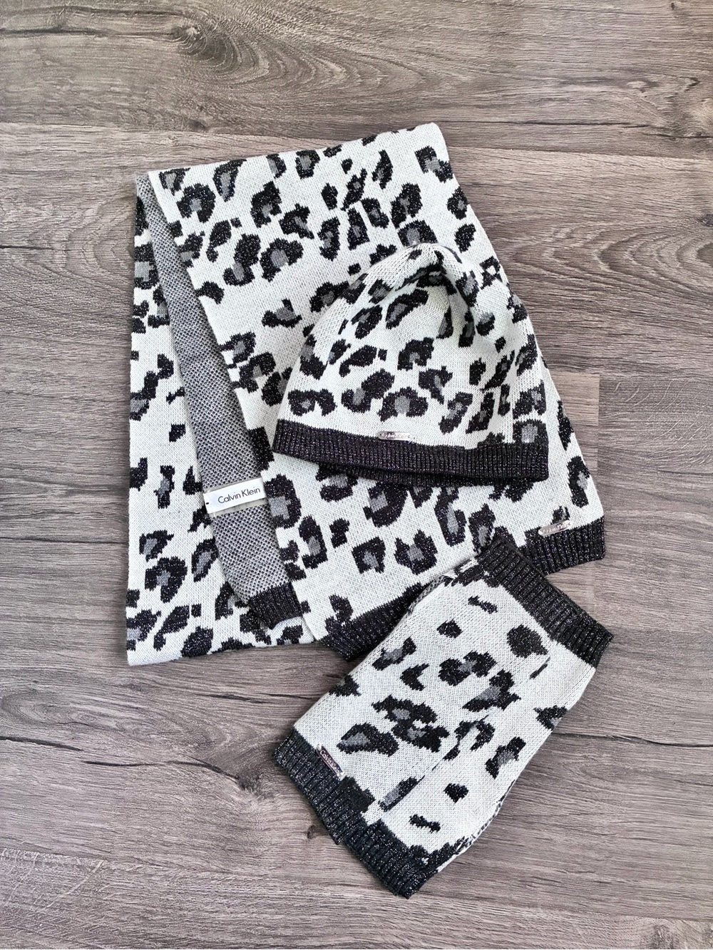 Calvin Klein Black & White Leopard Knit Hat, Scarf & Mitts Set
